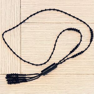 Vintage Black Onyx Tassel Necklace – 28" Natural Stone/Faceted Glass Beads